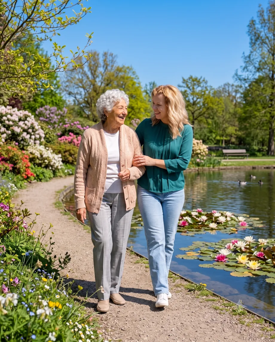 Eine Alltagshilfe begleitet eine Seniorin bei einem Spaziergang im Park.
